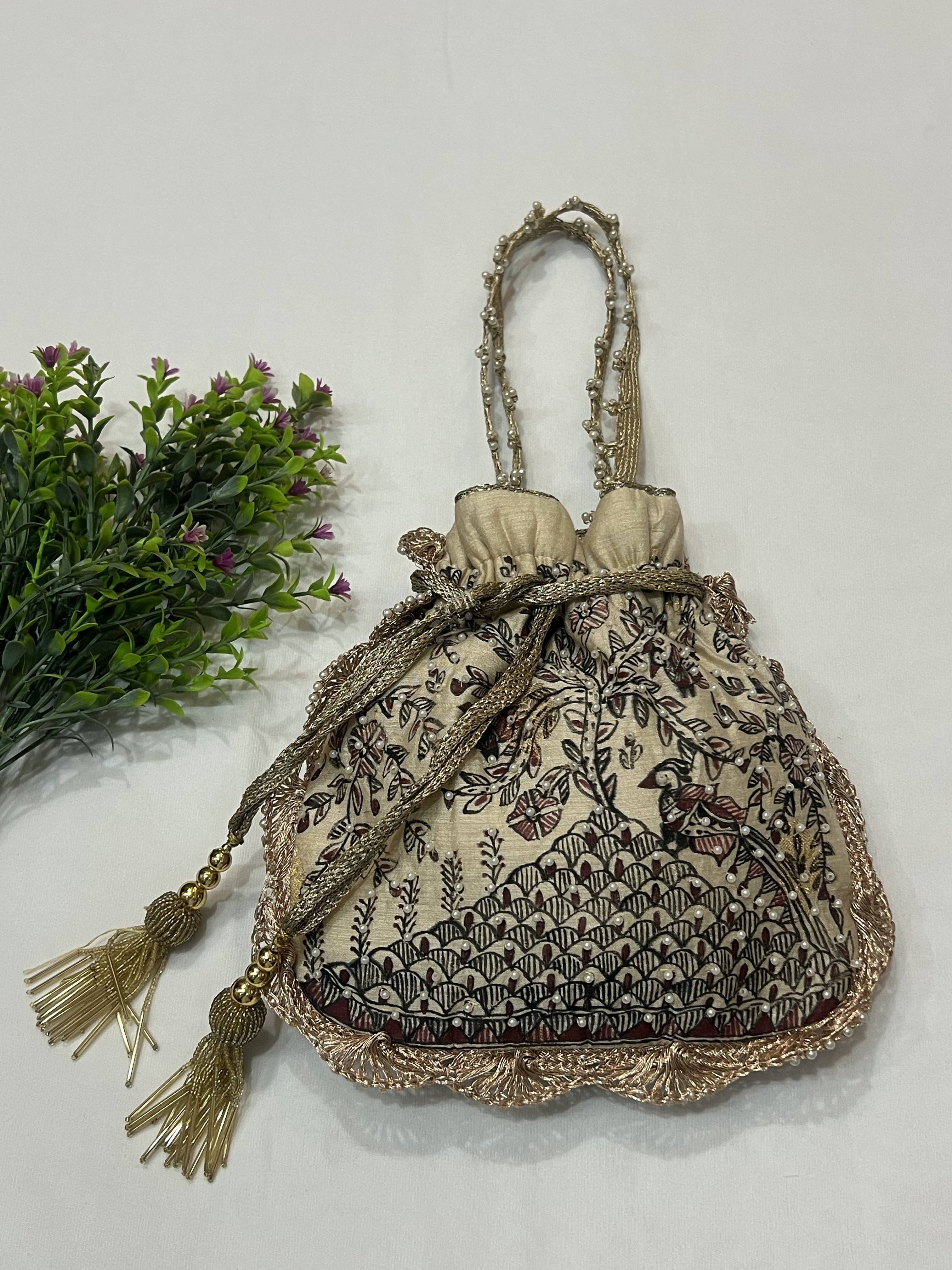 Hand-Painted Madhubani Tree of Life Potli on Beige